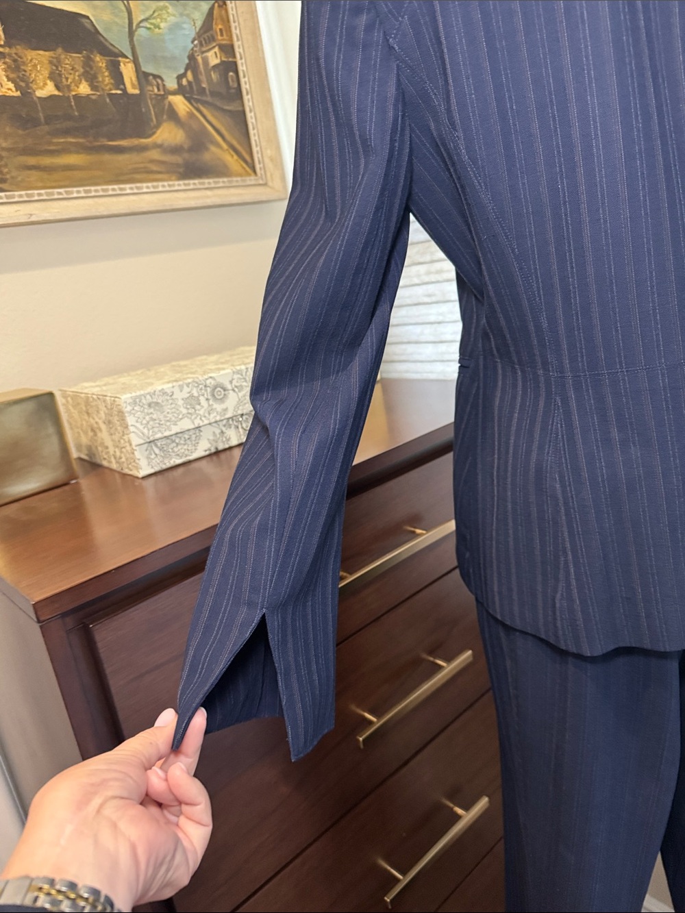 Anne Klein Navy Pinstripe Women's Suit - Two-Piece Blazer & Pants. Size 4&6 - Picture 4 of 10